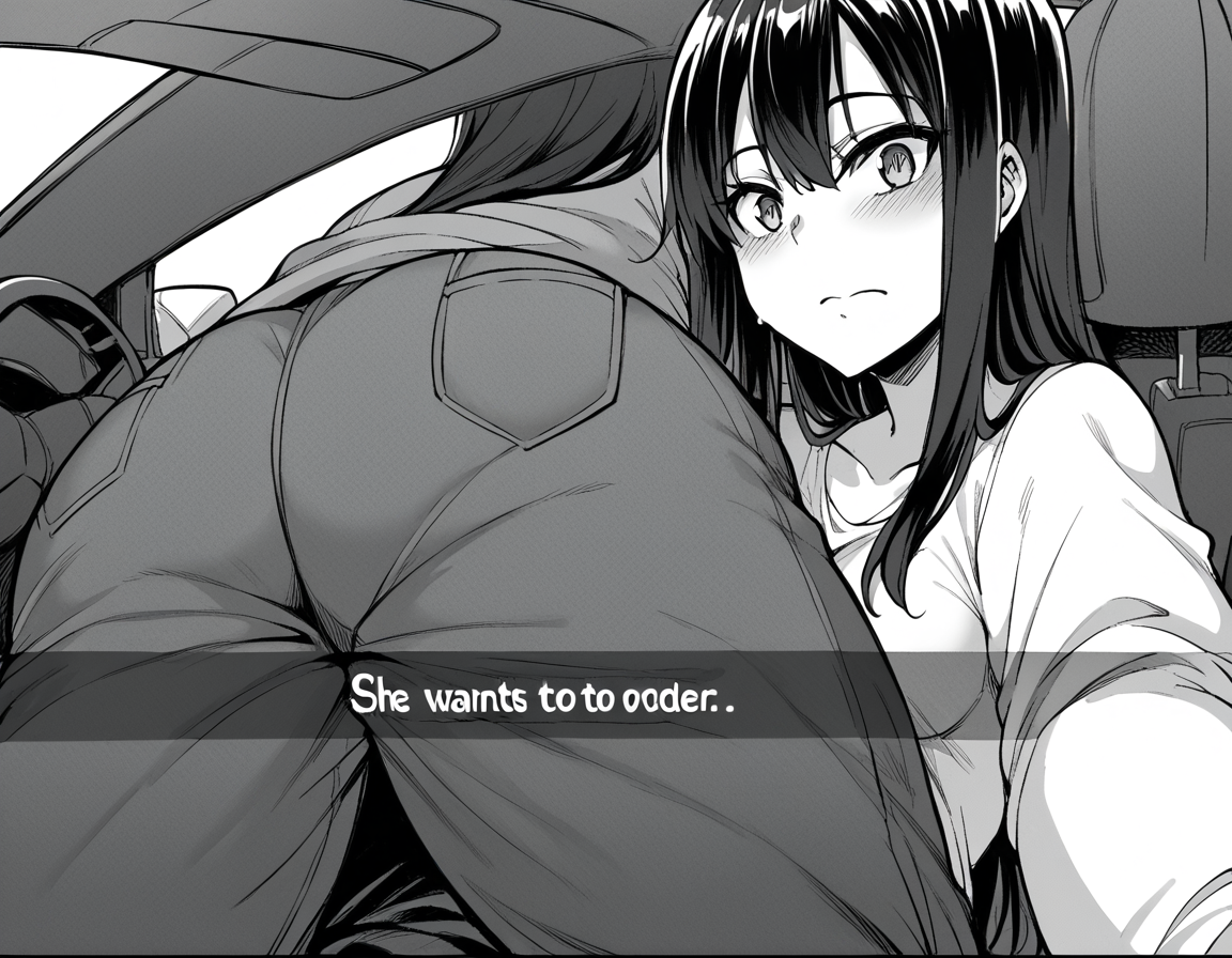 score_9, score_8_up, score_7_up, source_anime, <lora:saki-yoshida-manga-ponyxl-lora-nochekaiser:1>, saki yoshida, long hair, monochrome, greyscale, black hair, medium breasts, <lora:he-wants-to-order-ponyxl-lora-nochekaiser:1> he wants to order, he wants to order (meme), drive-thru, snapchat, side-view mirror, car interior, car seat, steering wheel, car interior, three quarter view, lying on person, selfie, 1boy, ass, pants,, blush,,