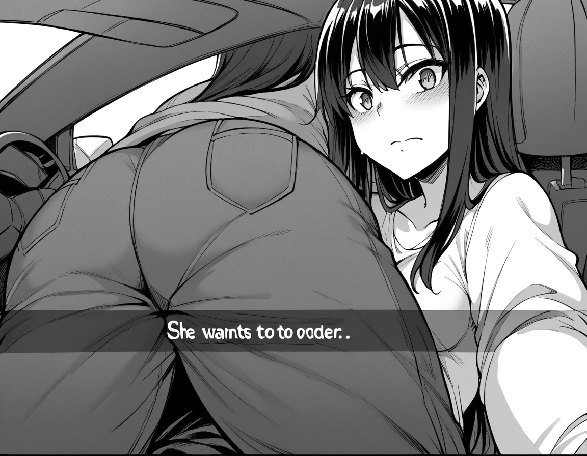 score_9, score_8_up, score_7_up, source_anime, <lora:saki-yoshida-manga-ponyxl-lora-nochekaiser:1>, saki yoshida, long hair, monochrome, greyscale, black hair, medium breasts, <lora:he-wants-to-order-ponyxl-lora-nochekaiser:1> he wants to order, he wants to order (meme), drive-thru, snapchat, side-view mirror, car interior, car seat, steering wheel, car interior, three quarter view, lying on person, selfie, 1boy, ass, pants,, blush,,