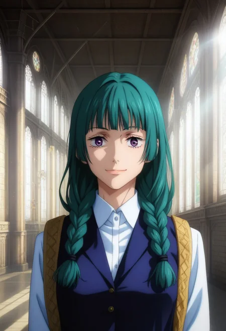 score_9, score_8_up, score_7_up, source_anime, intricate details, anime screencap, perfect balance, official art, extremely detailed CG unity 8k wallpaper, perfect lighting, Colorful, Warm_Front_face_Lighting, (masterpiece:1.0),(best_quality:1.0), ultra high res,4K,ultra-detailed, photography, 8K, HDR, highres, absurdres:1.2, Kodak portra 400, blurry background, bokeh, lens flare, (Anime) (vibrant_color:1.2), professional photograph, night, (good_face:1.2), 2d, anime, upper body, intricate iris, American, 1960s, 1970s, Professional character design, 1girl, female focus, (vibrant amethyst purple eyes), perfect eyes, (bright green-teal hair), (Long Silky smooth hair), (pretty hair), (beautiful hair), (curtain bangs), braided hair, preppy, white dress shirt, youthful, feminine, sultry, solo, jujutsu_kaisen_style, character portrait, (perfect-lighting, lens flare), face, torso, (Charming) (Beautiful) (Elegant) (Sophisticated smile), feminine, young, (Wealthy, manor, extravagant, ornate embellishments, coastal, shore, cliff), warm sunlight, dawn, (sunlight), (warm lighting), comfortable lighting. turquoise hair, teal hair, blue-green hair, green-blue hair, vibrant purple eyes, amethyst eyes