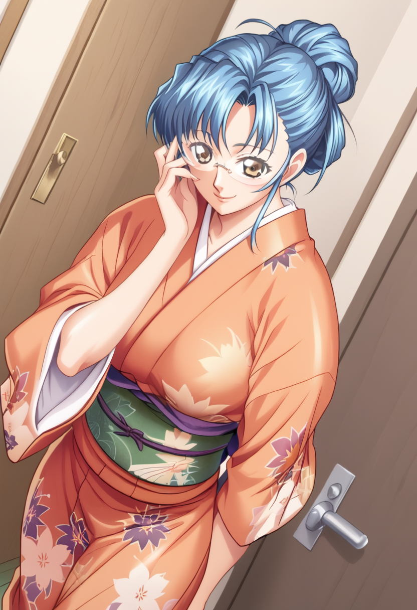 score_9, score_8_up, score_7_up, BREAK akirako, 1girl, japanese clothes, glasses, red kimono, blue hair, tabi, dutch angle, brown eyes, smile, door, floral print, obi, hair up, orange kimono, indoors, short hair, sash, sandals, adjusting eyewear,<lora:Akirao:1>