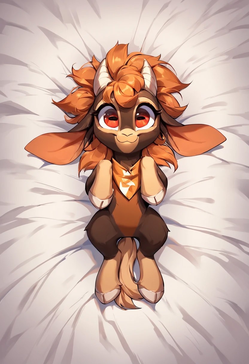score_9, score_8_up, score_7_up, score_6_up, score_5_up, rating_safe, shanty \(tfh\), on back, solo, female, goat, lying on bed, cute, orange hair, wholesome, smile, (headkerchief), red eyes, high detailed face, (high art quality), full body, (high detailed), 8k, (high resolution), masterpiece, best quality, amazing quality