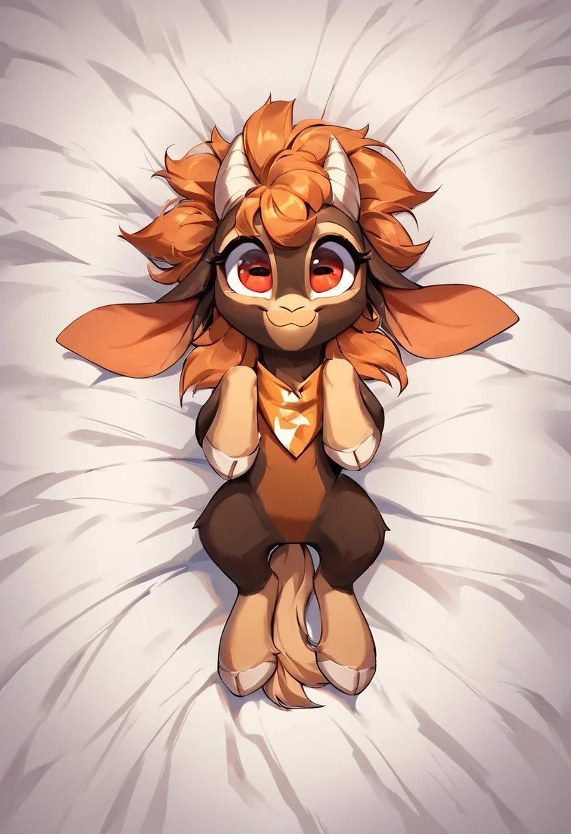 score_9, score_8_up, score_7_up, score_6_up, score_5_up, rating_safe, shanty \(tfh\), on back, solo, female, goat, lying on bed, cute, orange hair, wholesome, smile, (headkerchief), red eyes, high detailed face, (high art quality), full body, (high detailed), 8k, (high resolution), masterpiece, best quality, amazing quality