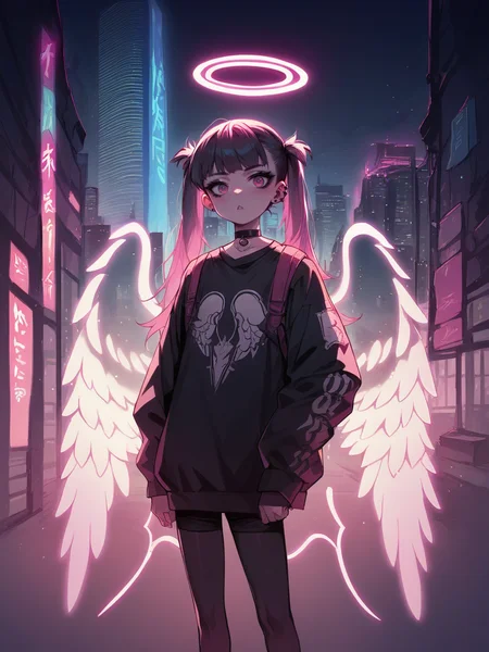 score_9, score_8_up, score_7_up, score_6_up, score_5_up, source_anime, <lora:n30nw1ngsXLP2:0.8> n30nw1ngs, neon light wings, wings, angel, cityscape, halo, pink, goth, twintails,