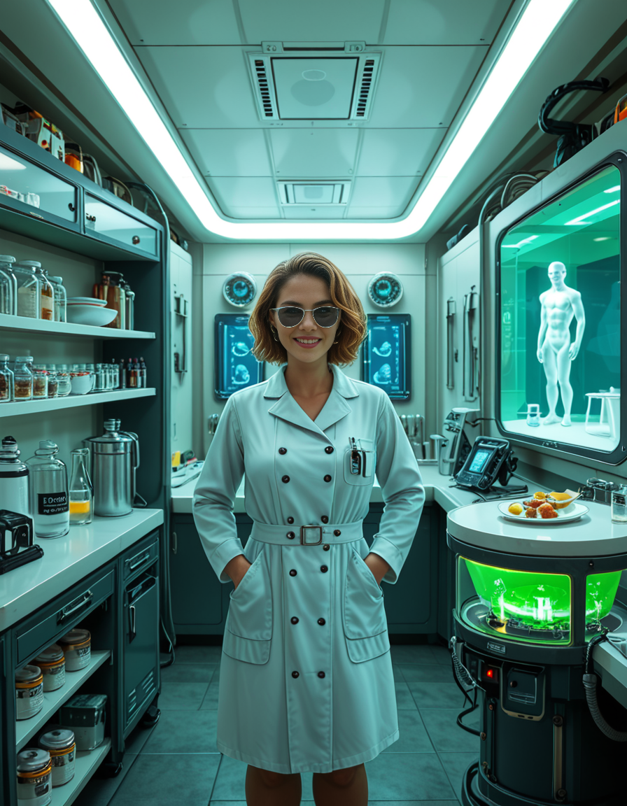 "A hyperrealistic scene of Gordon Freeman in his HEV suit eating lasagna at a retro 90s kitchen table, surrounded by domesticated headcrabs acting like pets, a Vortigaunt washing dishes in an apron, cinematic lighting, absurdity meets realism, surreal textures, intricate kitchen details, nostalgic yet eerie ambiance." looking at viewer,A (woman scientist:1.3),short brown hair, standing confidently in front of a futuristic laboratory,futuristic l4b0r4t0ry, filled with advanced technology and glowing screens. She is wearing a sleek, high-tech lab coat with metallic accents Her posture is upright,gesturing towards a large containment chamber with the other. Inside the chamber, faint outlines of humanoid figures are visible, suggesting the development of super soldiers. The laboratory is illuminated by soft neon lights in shades of blue and green, with detailed machinery, robotic arms, and vials of glowing substances scattered across workstations. The atmosphere is futuristic, clean, and high-tech, with a sense of intense innovation and ambition.<lora:SDXLFaeTastic2400:0.4> <lora:extremely_detailed:0.4> extremely detailed <lora:futuristic_l4b0r4t0ry:1>, Masterpiece,best quality,hi res,8k,hi res,8k,award winning,(sharp focus, intricate, highly detailed),