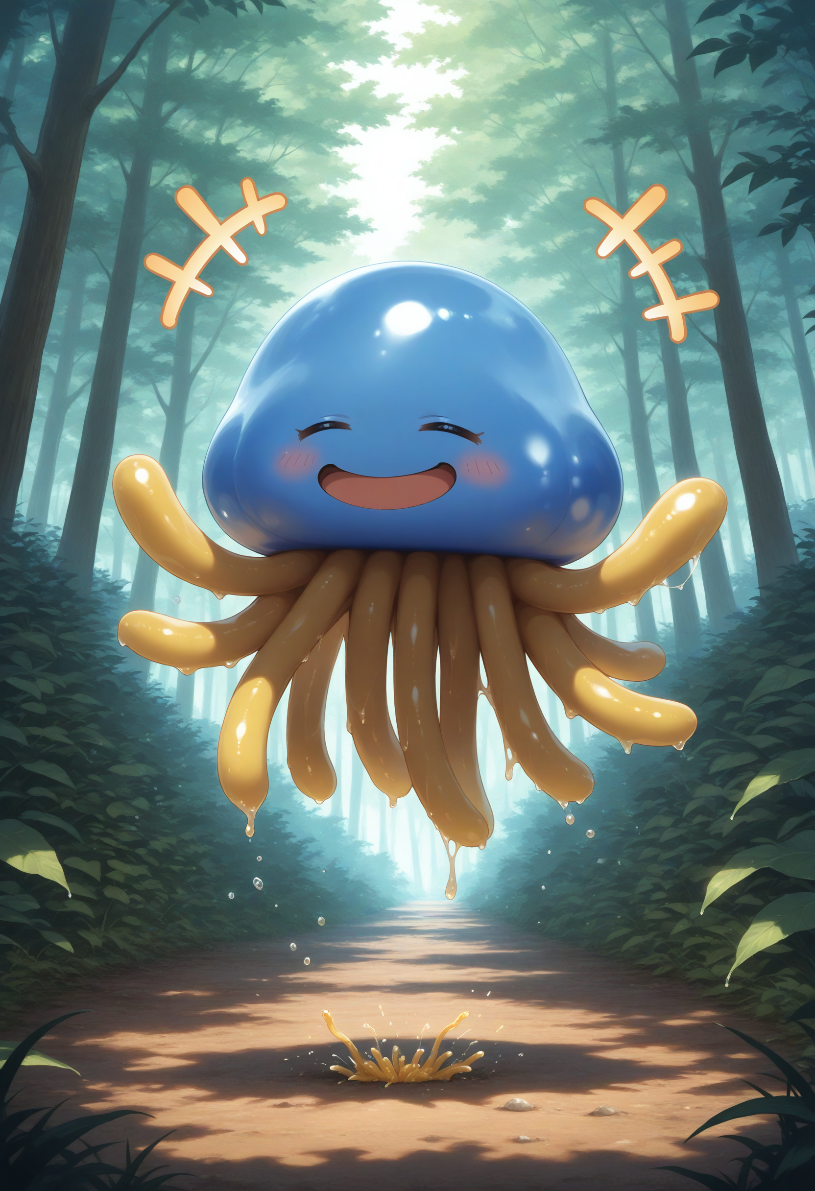 masterpiece,extreme detailed,outdoors,forest BREAK full body,
BREAK hoimin1,1other,no humans,yellow tentacles,slime (creature),:d,blue_skin,<lora:hoimin_(dq)-NAI:1>,jumping,closed eyes, smile,+++,