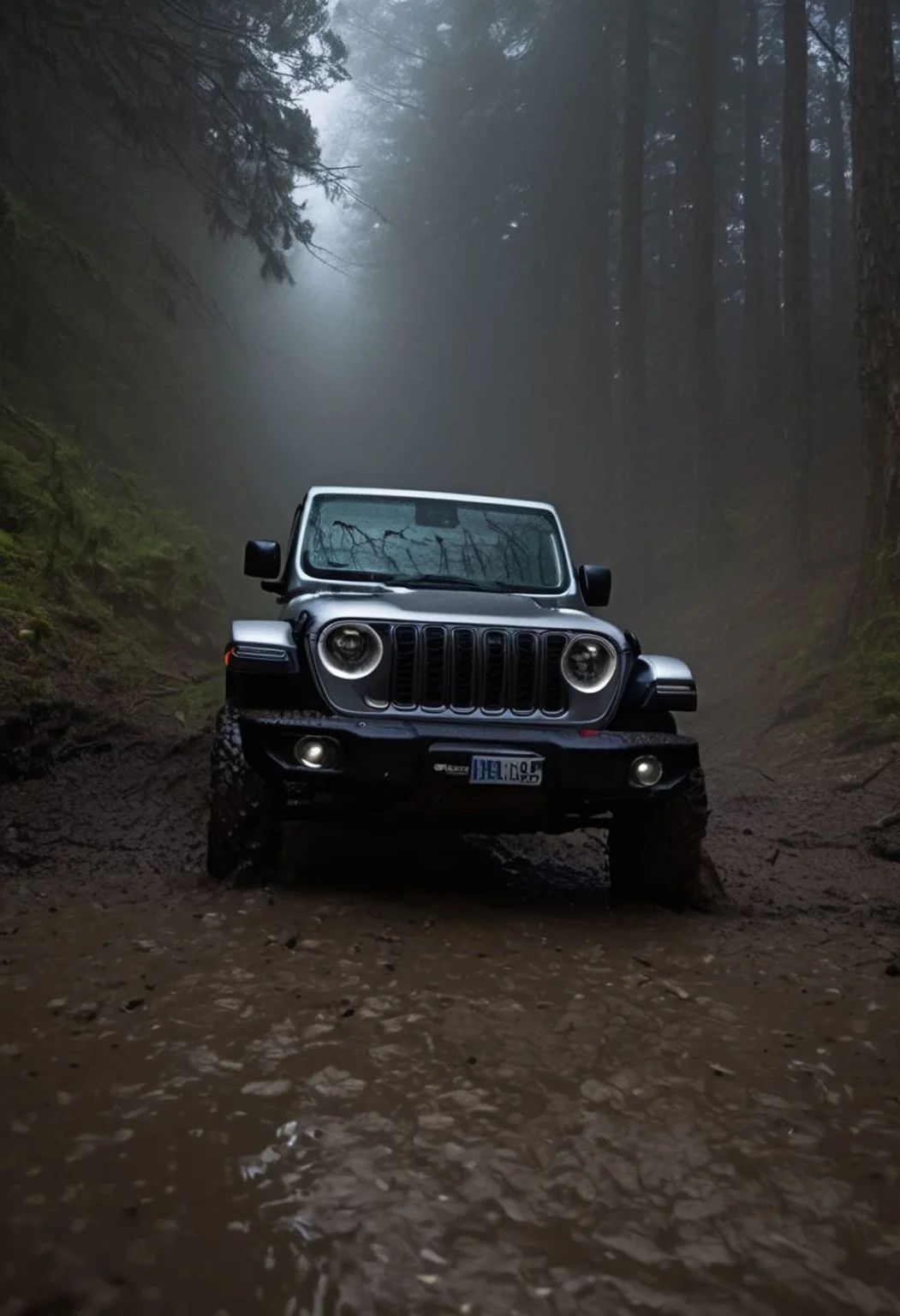 Jeep Wrangler, SUV, offroad, inside a forest, mud splashes, dirty vehicle, low angle, wet, fog, godrays