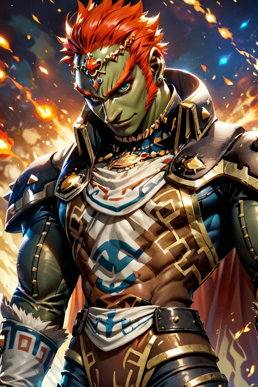 score_9, score_8_up, score_8, BREAK, , ,,, (upper body), zzGanondorf, 1boy, red hair, dark skin, armor, gloves, jewelry, muscular, shoulder pads, short hair, cape, muscular, fire, aura, <lora:Ganondorf_OoTZelda_PDXL:0.8>, ,,,, BREAK, (ultra realistic,32k, masterpiece:1.2),(high detailed skin:1.1),( high quality:1.1), head tilt, lips, closed mouth, shiny clothes, (upper body), looking at viewer, bokeh, luminescent background, ,,, embedding:zPDXL, Expressiveh, ,,, <lora:RlAnmPDXL:1.0>,