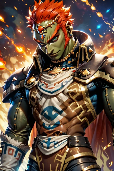 score_9, score_8_up, score_8,   BREAK, , ,,, (upper body),  zzGanondorf, 1boy, red hair, dark skin, armor, gloves, jewelry, muscular, shoulder pads, short hair, cape, muscular,  fire, aura,  <lora:Ganondorf_OoTZelda_PDXL:0.8>,   ,,,, BREAK,  (ultra realistic,32k, masterpiece:1.2),(high detailed skin:1.1),( high quality:1.1), head tilt, lips, closed mouth, shiny clothes, (upper body), looking at viewer, bokeh, luminescent background, ,,, embedding:zPDXL, Expressiveh, ,,, <lora:RlAnmPDXL:1.0>,