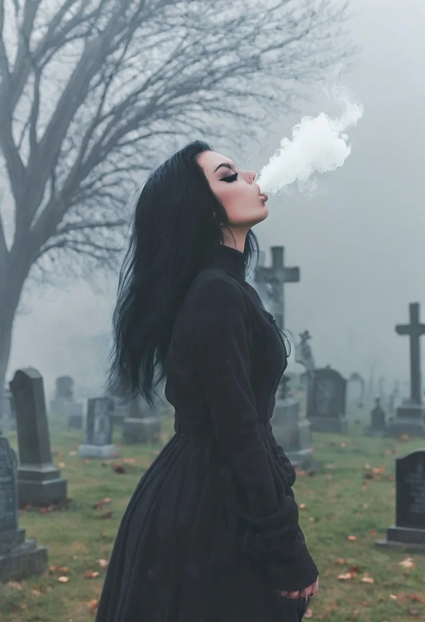 <lora:VapeXL-08:1.0> VapeXL, girl blowing smoke, black hair, black eyeliner, fog, cemetery