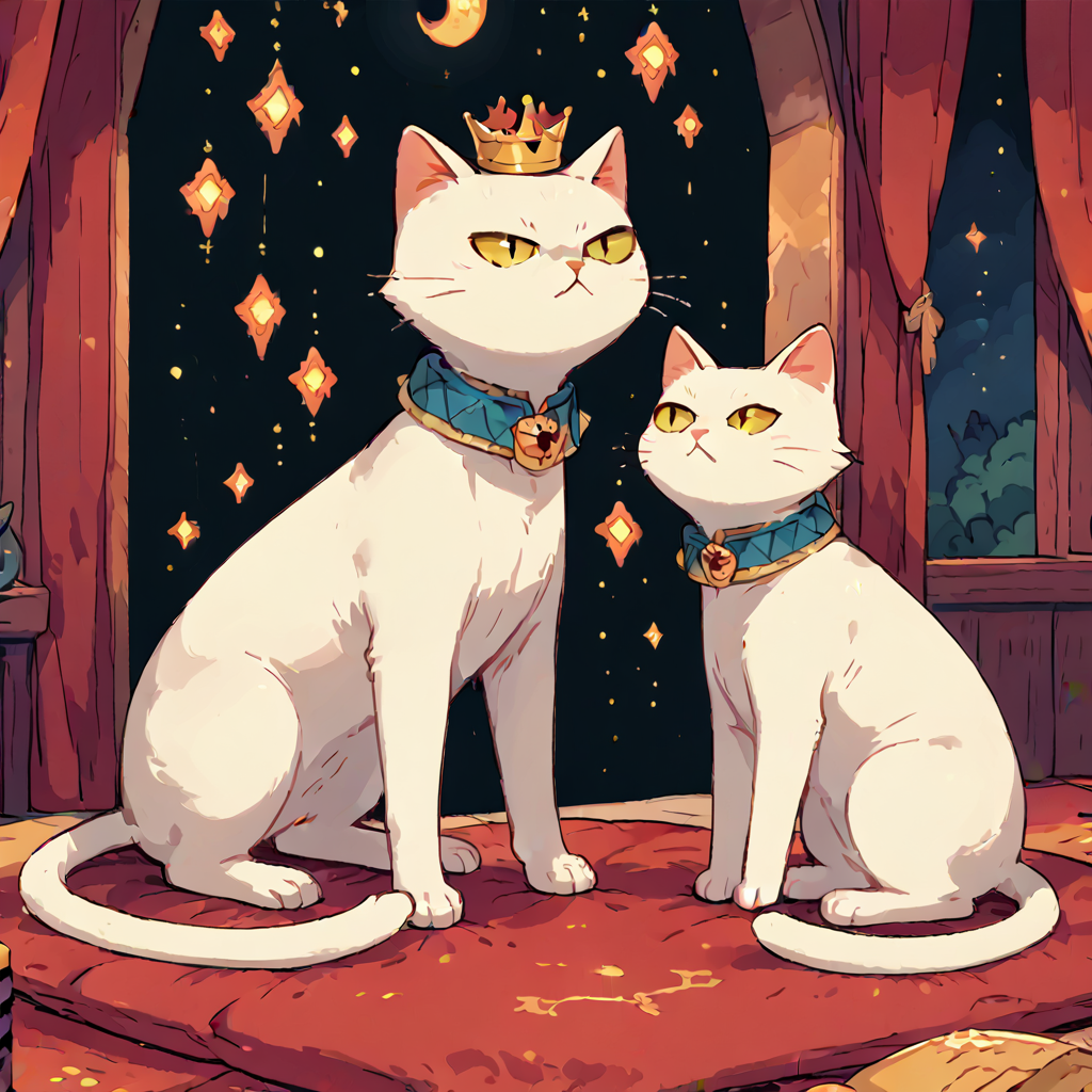 score 9, score 8 up, score 7 up, TarotArtStyleCats, white cat, crown, indoors, night sky, <lora:ArtStyleCats:1>