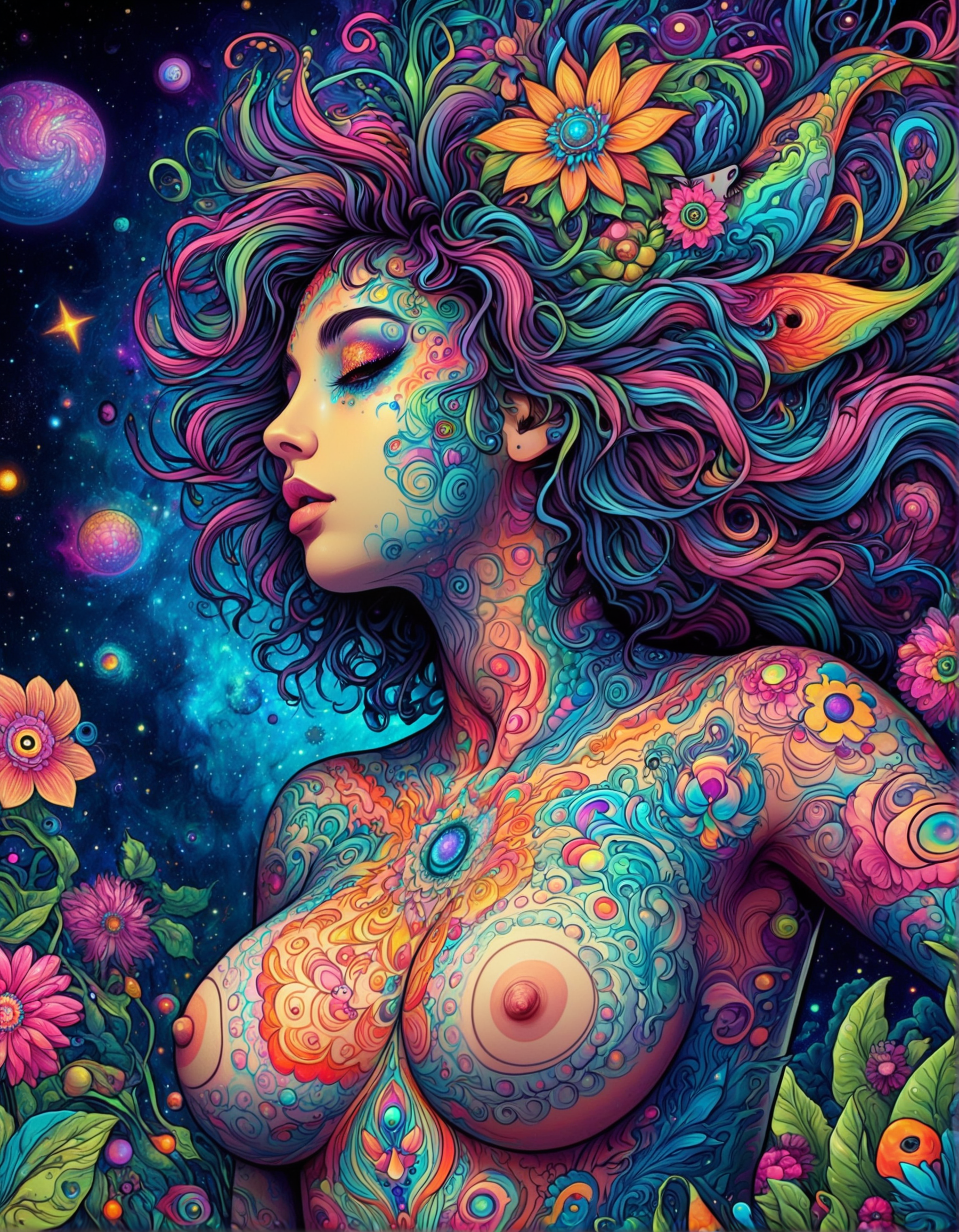 trippy artwork, illustration, flat colors, bold lines, abstract, vibrant, angled side view, 1girl, looking at viewer, beautiful face, messy hair, large colorful eyes, covered in colorful tattoos, perfect body, large breasts, large nipples, nude, dynamic position, floating in outer space, nebulae, alien vegetation, mandala blossoms, entangled in vines, stars, high contrasts