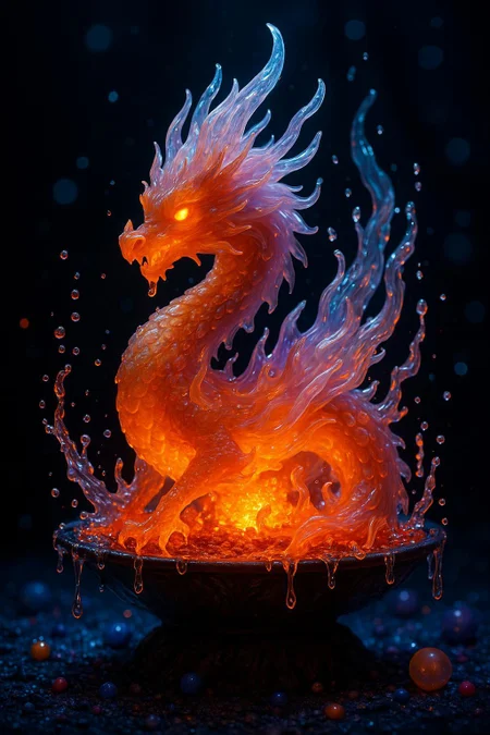 A hyper-detailed, fantasy illustration of a luminous, translucent dragon curled inside a shallow black stone bowl. The dragon is made of glasslike liquid fire, with its semi-transparent body swirling in hues of molten orange, glowing amber, crystalline lavender, and cool opalescent blues. Its eyes blaze with radiant golden light, giving it a powerful, sentient expression. The texture of its body shifts between molten lava and flowing liquid glass, with droplets and splashes captured mid-air, as if the dragon is constantly shifting between states of energy.

Fiery tendrils and flaming water-like wisps rise from its back and horns, creating an ethereal halo of heat and power. The dragon's form is coiled and majestic, with delicate claws and a sinuous, serpentine posture. The base of the bowl appears ancient and carved from volcanic rock, with glowing embers and enchanted molten energy bubbling beneath the dragon.

Ambient lighting is magical and cinematic, with a strong internal glow emanating from the dragon's core, casting warm orange and gold light on its surroundings. The background is deep twilight blue, softly blurred with glowing orbs of mystical energy floating in the air. Scattered around the base are tiny enchanted orbs and gemstones, adding a cosmic, alchemical laboratory feel. Style is ultra-detailed fantasy realism with magical effects, perfect for high-end fantasy art or collectible card visuals.