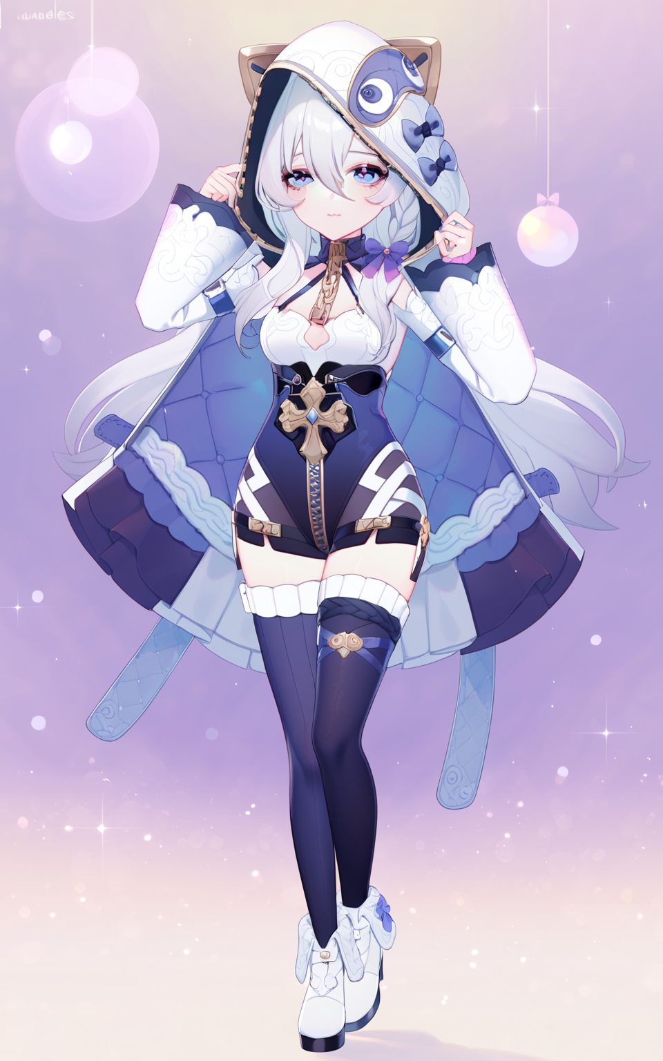 8k, best quality, masterpiece, (ultra-detailed), (high detailed skin), by nanoless, by misumi \(macaroni\), 
A full-body portrait of a young girl, standing gracefully, her attire in pastel colors with soft ruffles and bows. Background is a simple pastel gradient, blending soft pinks and purples, with faint bokeh effects creating a dreamy atmosphere. Gentle light from the left casts soft shadows, enhancing the serene mood. Created Using: light bokeh, pastel art style, soft gradients, high-key lighting, shoujo manga influence, hd quality, delicate details 
<lora:dlstianming-atw-Tanger-000013:0.75>, hood, dlstianming, dlstianming default clothes, 1girl, thighhighs, blue eyes, white footwear, long hair, hood up, white hair, long sleeves, breasts, hair between eyes, bangs,