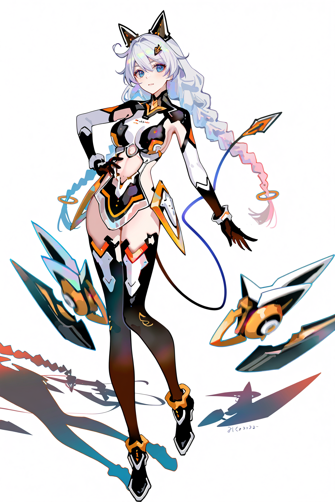 8k, best quality, masterpiece, (ultra-detailed), (high detailed skin), 
((artist:reoen),(artist:fuzichoco),(artist:atdan),(artist:torino_aqua),year 2024:0.8)1girl, [artist:wlop], [artist:ningen_mame], artist:ciloranko, [[artist:rhasta]], artist:tidsean, colorful, detailed light, light leaks, sunlight, bokeh, blurry foreground, ray tracing, lens flare, cinematic lighting, 
full body, full shot, standing, looking at viewer, (solo:1.2), simple background, (white background:1.2), hand on own hip, (white background:1.3), 
<lora:kiana-young-noob-Tanger:0.8>, 
kiana kaslana, mooncat, mooncat bodysuit, 12th clothes, 1girl, blue eyes, braid, black thighhighs, long hair, twin braids, tail, boots, hair ornament, cut-out bodysuit, armed, floating mecha parts, detached armor,