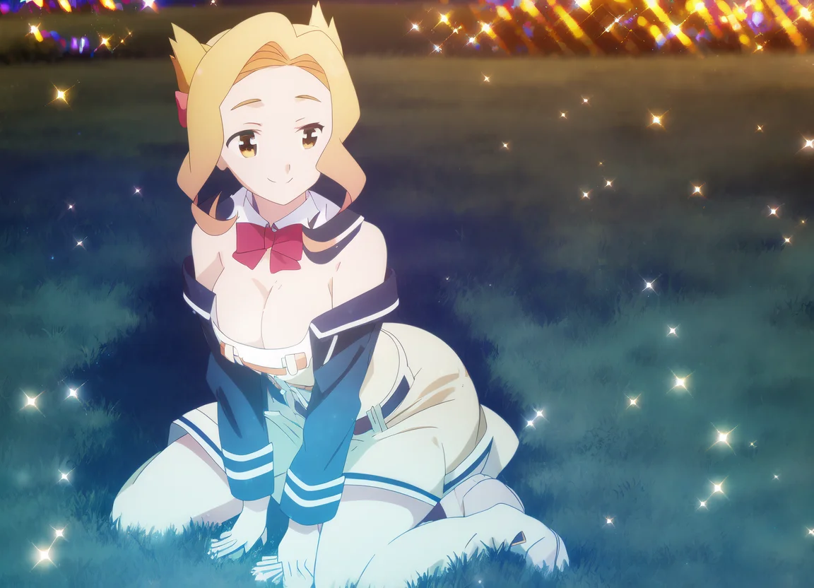 field; sparkle; Luna, on her knees, smiling; night;