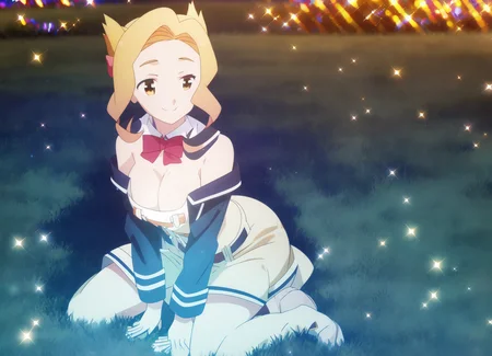field; sparkle; Luna, on her knees, smiling; night;