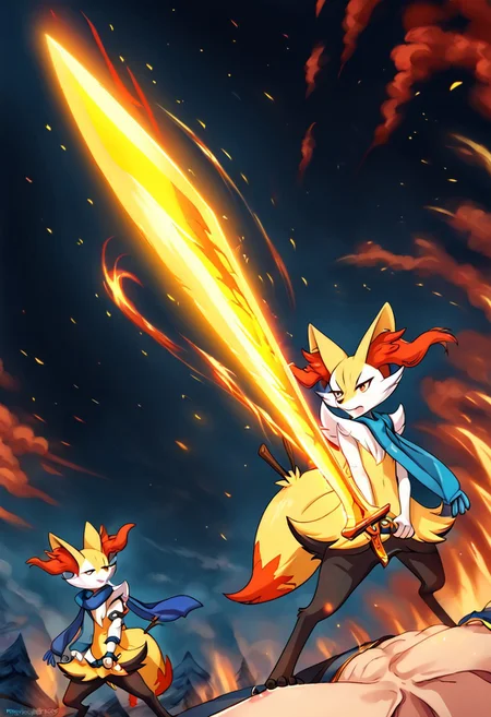 1boy Braixen Holding Plasma Sword, yellow Plasma Sword, brave-perspective, blue scarf