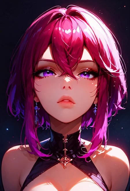 (score_9, score_8_up, score_7_up), 1girl, two-toned hair, purple and red hair, multicolored hair, short hair, (crossed bangs), hair between eyes, sidelocks, perky breasts, cleavage, pretty face, slim eyebrows, purple eyes, <lora:DetailedEyes_V3:1>, beautiful eyes, (expressionless), (red eyeshadow:0.8), face focus, looking forward, looking straight,close up shot, night, volumetric lighting, vivid colours, g0thicPXL, glowing, neon, SimpleNegativeV3