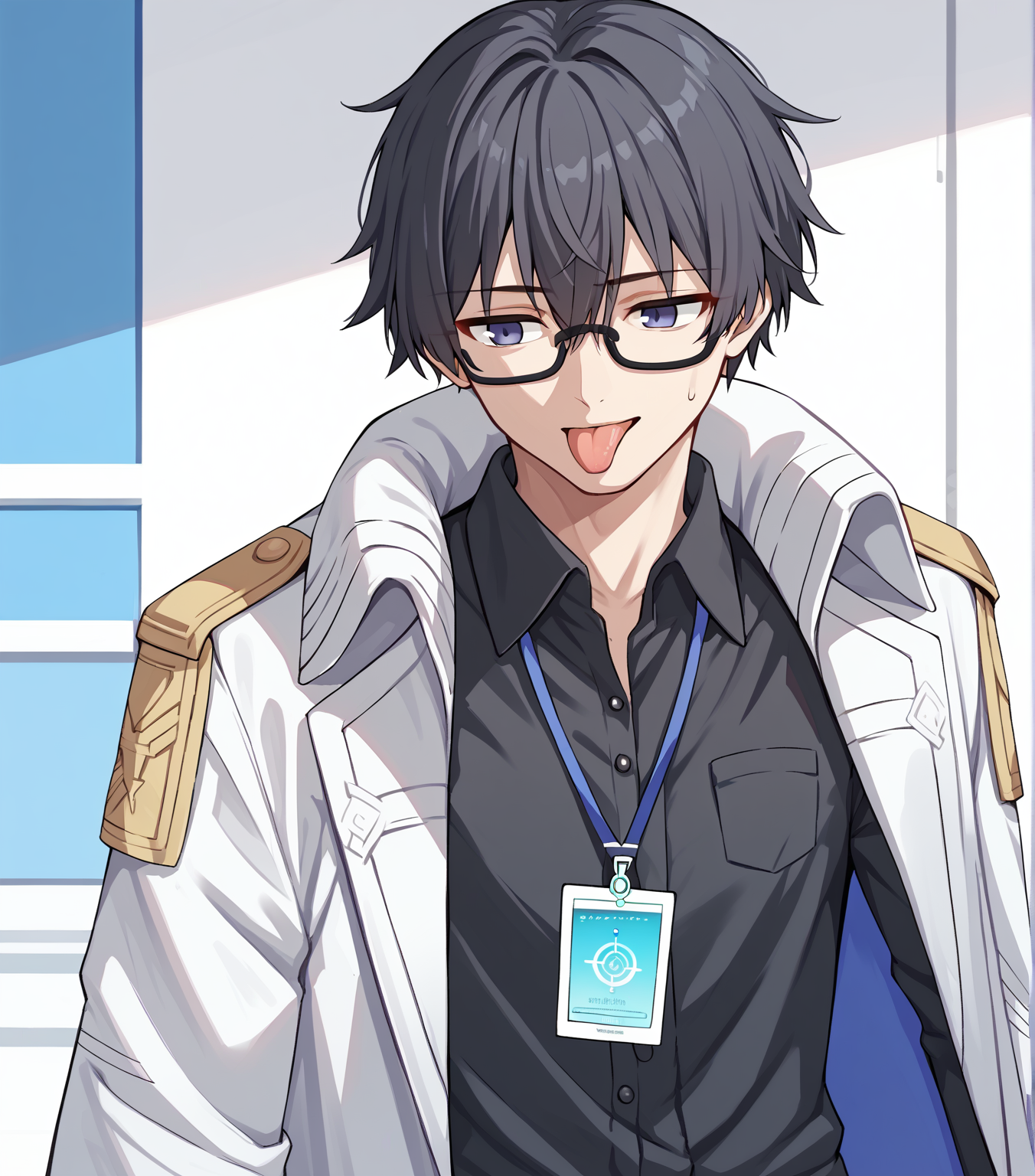 score_9, score_8_up, score_7_up, score_6_up, score_5_up, score_4_up, BREAK, cowboy shot, solo, licking, 
<lora:sensei-11:1>, senseiproblemsolver, glasses, coat, id card, black hair, black shirt,