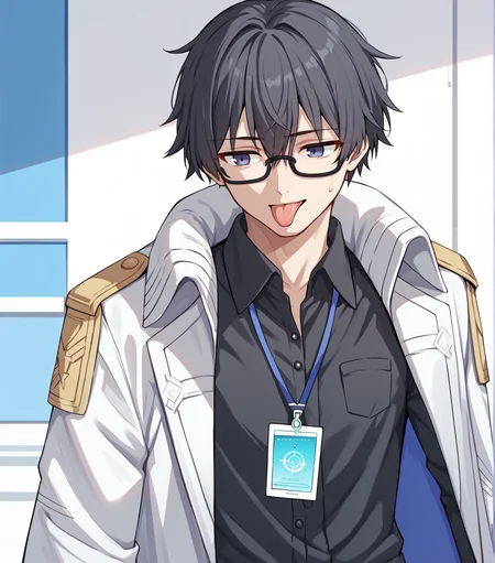 score_9, score_8_up, score_7_up, score_6_up, score_5_up, score_4_up, BREAK, cowboy shot, solo, licking, 
<lora:sensei-11:1>, senseiproblemsolver, glasses, coat, id card, black hair, black shirt,