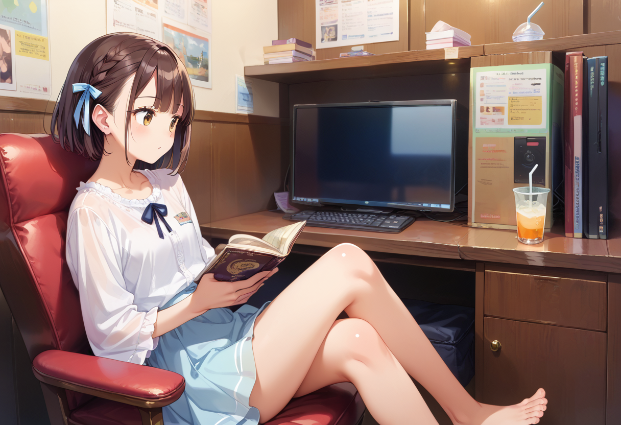 score_9, score_8_up, score_7_up, rating_safe, masterpiece, best quality, absurdres, unity 8k wallpaper, official art, official style, source_anime, uncensored, game cg, megami magazine,
necafe, scenery, 1girl, solo, brown hair, sitting, reading, indoors, chair, drinking straw, book, cup, computer, braid, drink, barefoot, short hair, crossed legs, skirt, desk, monitor
<lora:NetCafe_PONY_V1:1>