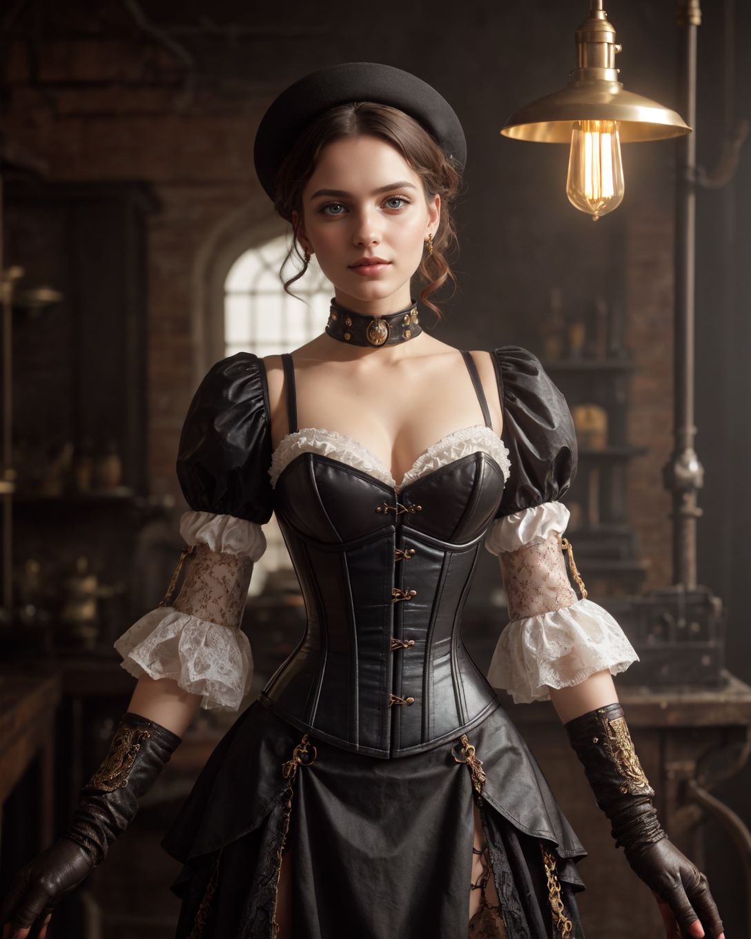 [fcDetailPortrait, digital illustration, concept art::0.4], cute pose, ([style of Alessio Albi|style of Jovana Rikalo]:1.4), ([style of Jovana Rikalo, OverallDetail:style of Liam Wong, HairDetail SkinDetail:0.4]:1.15), [Victorian:steampunk:0.6] setting, woman embodying a steampunk aesthetic with a Victorian twist, ((intricate corset design)), holding greasy spout oil can, steel boned corset with brass cogs and gear accents, layered bustle skirt in rich brocade, detailed with copper threading, high-collar ruffled blouse with puffed sleeves, leather gloves reaching just below the elbow, adorned with delicate clockwork pieces, striking leather boots with metal heel detailing, a combination of elegance and industrial flair, hair styled in a sophisticated updo, adorned with miniature steampunk-inspired hat, subtle yet striking makeup highlighting her sharp features, standing confidently in a vintage workshop setting, surrounded by brass and copper machinery, soft glow of ambient gaslights, casting dramatic shadows, the air filled with a sense of adventure and mechanical wonder, her presence a perfect blend of Victorian grace and steampunk boldness, captivating the viewer with a look that's both nostalgic and forward-thinking.