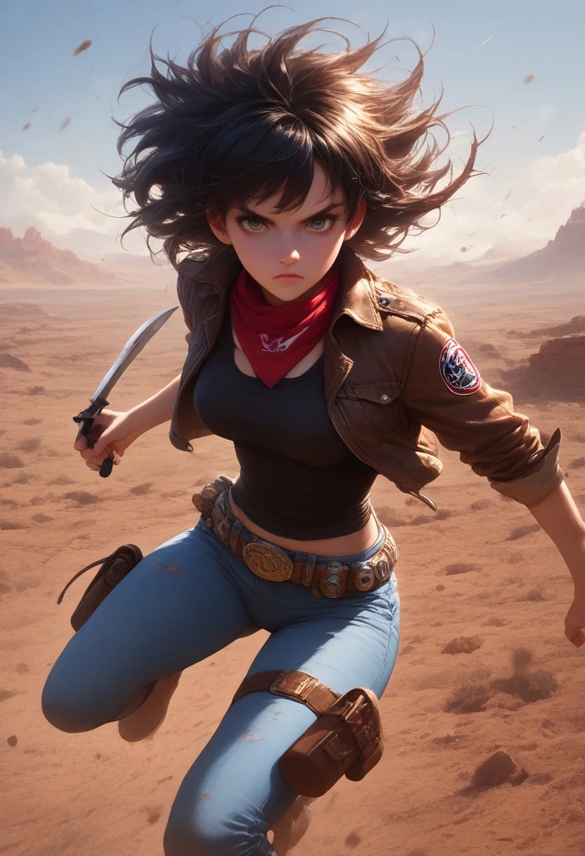 score_9,score_8_up,score_7_up,
1girl,looking at viewer,western theme,cowboy hat,leather jacket,tight jeans,boots,holster,belt,flying knife,action pose,intense,determined,wild west,desert background,dusty,rugged,windblown hair,bandana,detailed,high contrast,dramatic lighting,dynamic,tense,