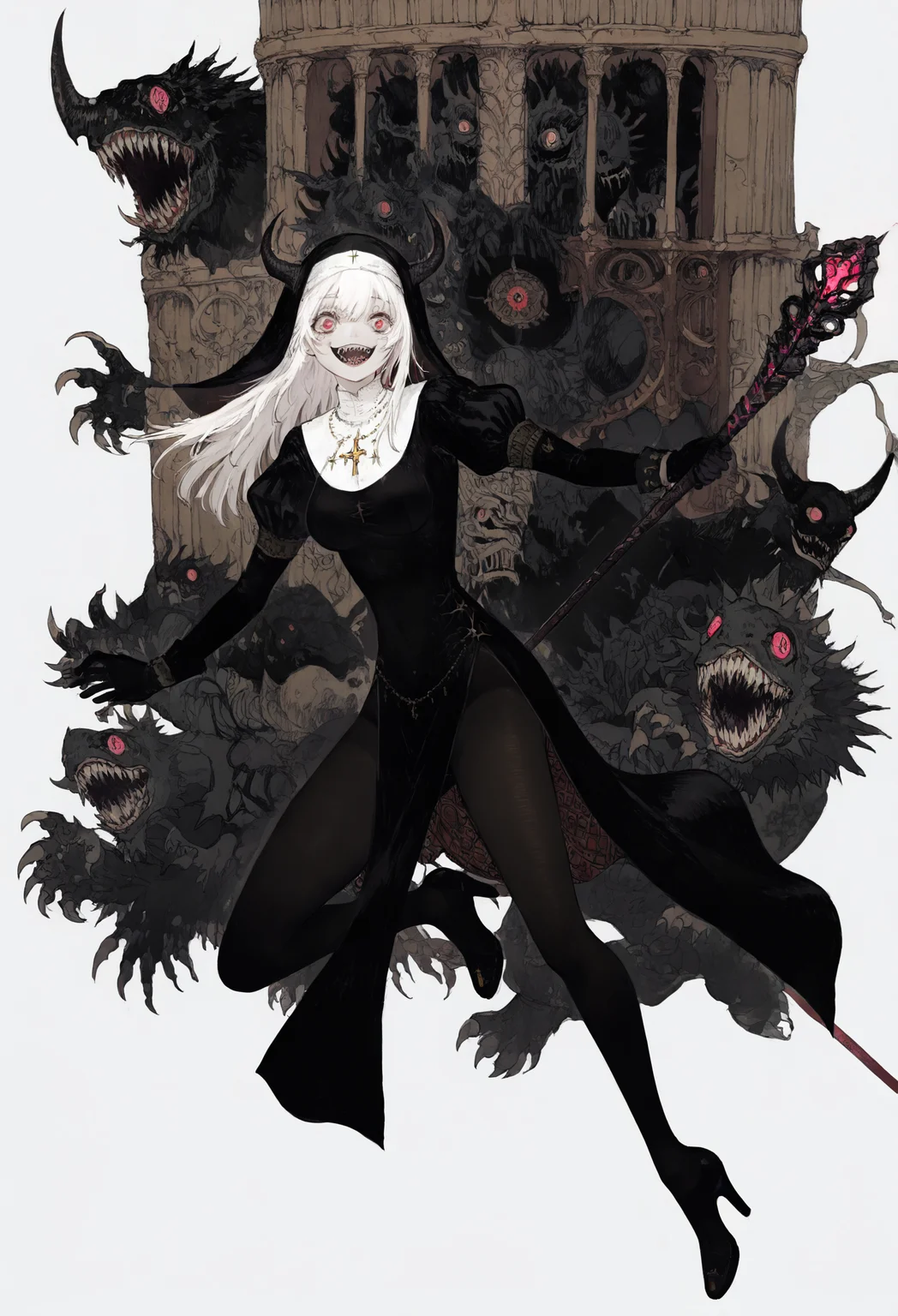 1girl, original,
:d, black gloves, black pantyhose, breasts, claws, crazy eyes, crazy smile, floating, full body, gate, gloves, habit, holding, holding staff, horns, juliet sleeves, long hair, long sleeves, medium breasts, monster, nun, pantyhose, pelvic curtain, puffy sleeves, smile, solo, staff, teeth, white background, white hair, black footwear, high heel, dress, simple background, open mouth, sharp teeth,
.
masterpiece, best quality, very aesthetic, absurdres
<lora:monfornoob:0.95>