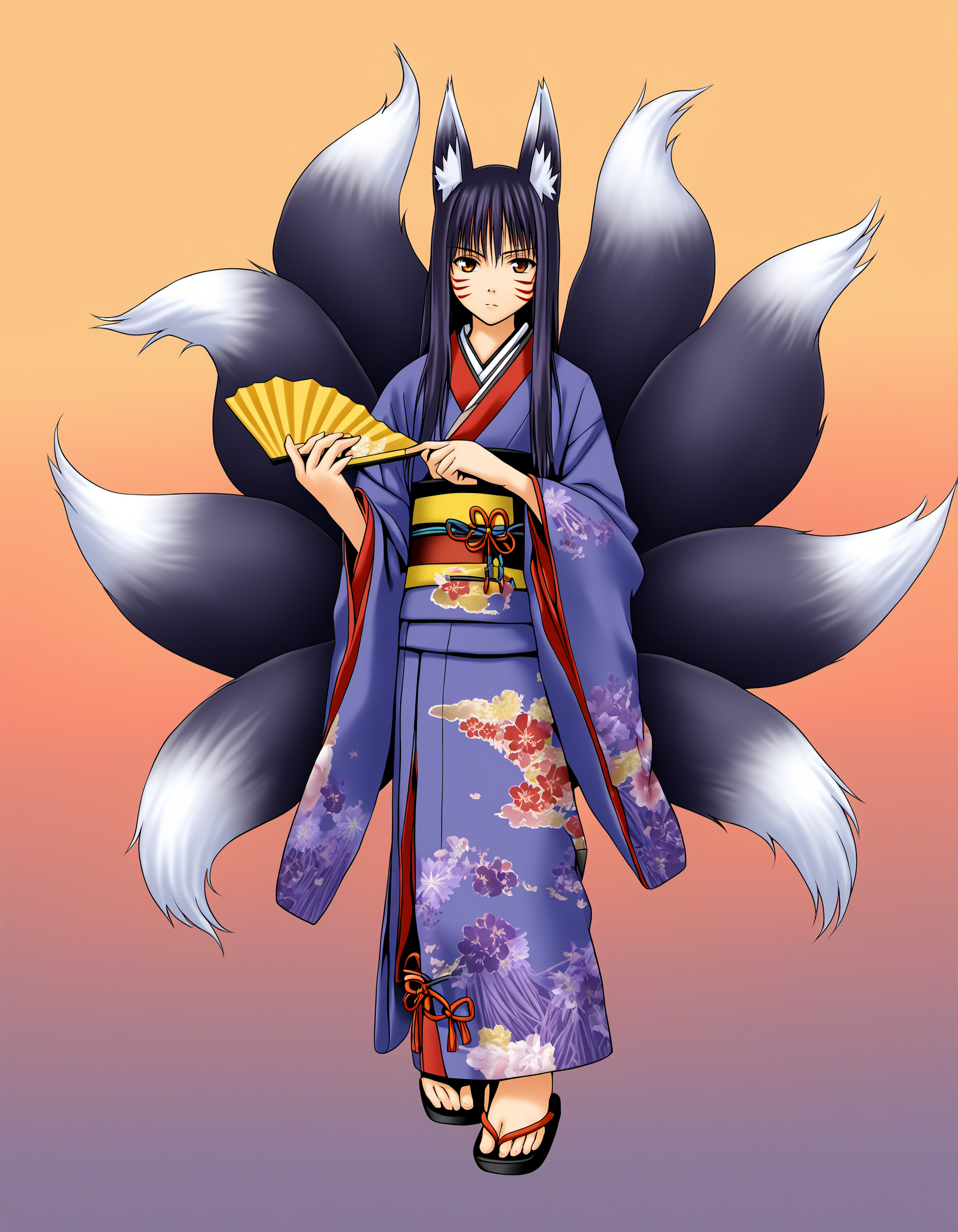 ethkhpdxl, solo, long hair, looking at viewer, simple background, black hair, 1boy, gradient rainbow background, holding, animal ears, tail, full body, purple hair, male focus, japanese clothes, kimono, fox ears, fox tail, facial mark, fox girl, multiple tails, hand fan, geta, folding fan, holding fan, magatama, kitsune, kyuubi, PonyXLV6_Scores, <lora:KHPDXL:0.8>