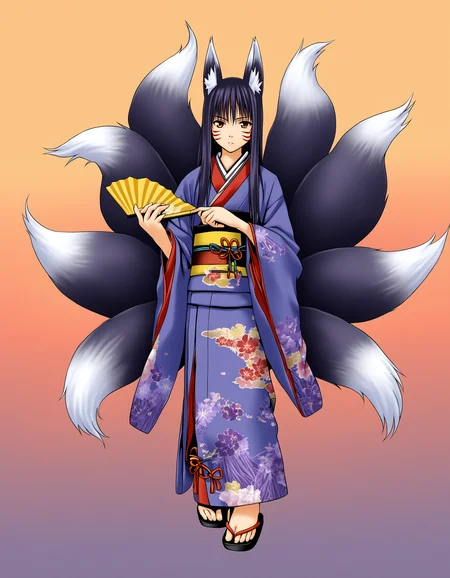 ethkhpdxl, solo, long hair, looking at viewer, simple background, black hair, 1boy, gradient rainbow background, holding, animal ears, tail, full body, purple hair, male focus, japanese clothes, kimono, fox ears, fox tail, facial mark, fox girl, multiple tails, hand fan, geta, folding fan, holding fan, magatama, kitsune, kyuubi, PonyXLV6_Scores, <lora:KHPDXL:0.8>