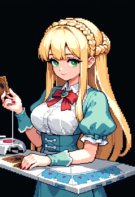 texture score_9, score_8_up, score_7_up, source_anime, pixel art,  1girl, solo, fomceline, blonde hair, green eyes, crown braid, straight hair, very long hair, ribbon bangs, medium breast, narrow waist, wide hip, curvy,  Duel Disk,(Duel Disk on arm of human:1.2) holding yugioh card, yugioh card, top down close-up, <lora:Pony\char\FOM Celine - v2.safetensors:0.8:0.8> <lora:Pony\style\oppai_v0.1-pony.safetensors:0.5:0.5> <lora:Pony\pose\item\Duel_Disk_System-000012.safetensors:0.9:0.9> <lora:Pony\pose\item\Holding_Yugioh_Card_Dwnsty-000004.safetensors:1.0:1.0>