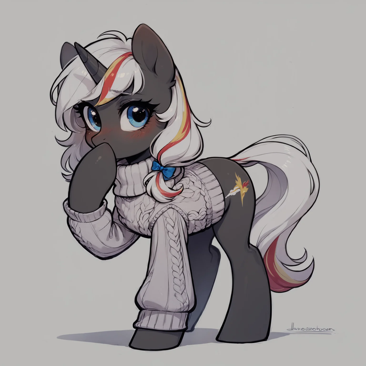 score_9, score_8_up, score_7_up BREAK
source_pony, velvet remedy, unicorn, pony, aran sweater, covering mouth, blushing, detailed, best quality <lora:vlvt_rem3:1> <lora:LineArt Mono Style LoRA_Pony XL v6:1>