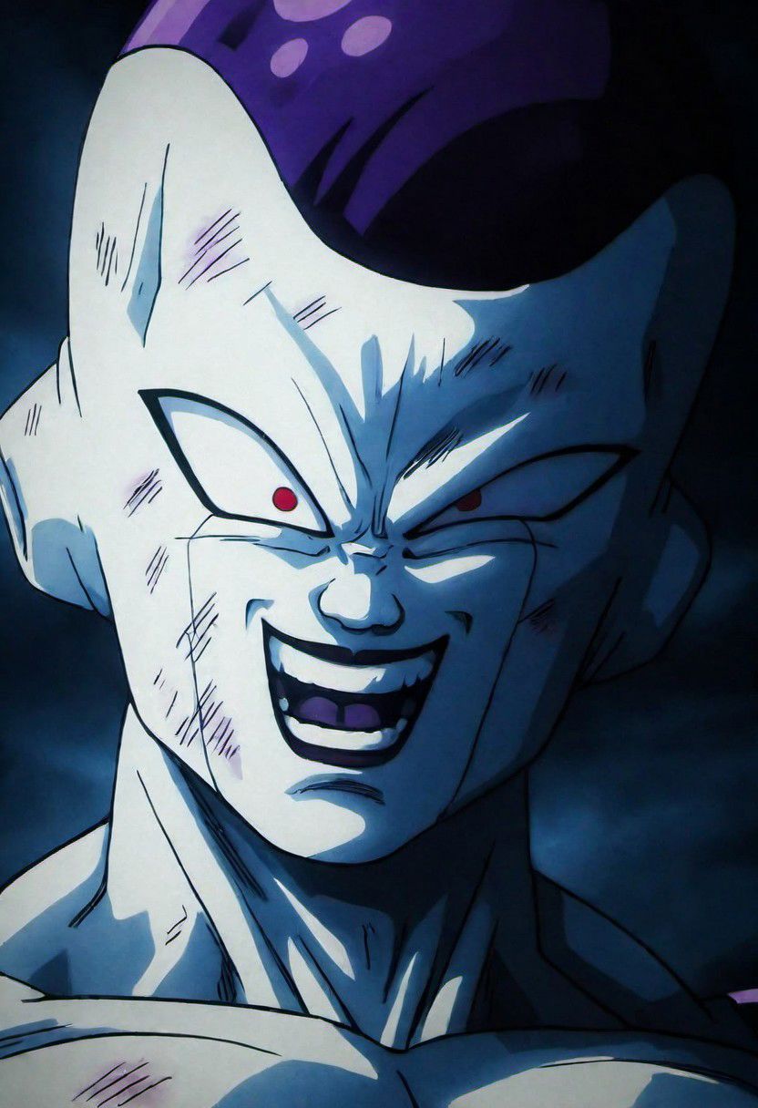 (best quality, masterpiece, detailed, highly detailed face) of a haunting scene with Freezer smile  in a battle . Emphasize atmosphere, high contrast, and interplay of shadow and light, colorful, detailed face perspective from below