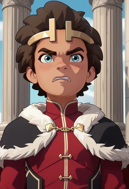 Score_9, Score_8, Score_7, TDPStyle, Ezran, Young, Young Ezran, King Outfit, Fur Trimmed Cape, Gold Diadem, Blue Eyes, bust shot, determined face, stone pillars,
