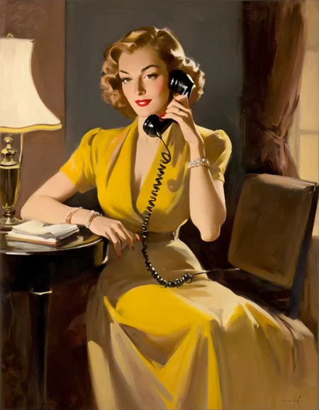a Sundblom painting depicting a woman seated beside a vintage telephone. She is depicted in a relaxed pose, with her left hand resting on a round table, showcasing an elegant interplay of light and shadow. The woman is wearing a flowing, yellow garment with bold brush strokes, contributing to a dynamic composition. Her hair is styled in soft waves, and her expression exudes a sense of sophistication and allure. The vintage telephone, characterized by its classic design, adds a nostalgic element to the piece, contrasting with the contemporary feel of the woman's attire. The background is minimally detailed, enhancing the focus on the subject and the telephone. The overall color palette is subdued, primarily featuring shades of gray and beige, which allows the vibrant yellow of her outfit to stand out prominently.<lora:HSundblom1-000003:1> <