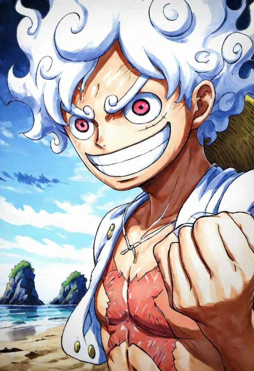 2D ( Portrait:1.1) 1Luffy in a beach, (best quality, masterpiece, detailed, highly detailed face) ,(high definition face:1.0),(detailed eyes:1.0) 8k,(Smilex2), (solo), amazing perspective, profesional composition ,
