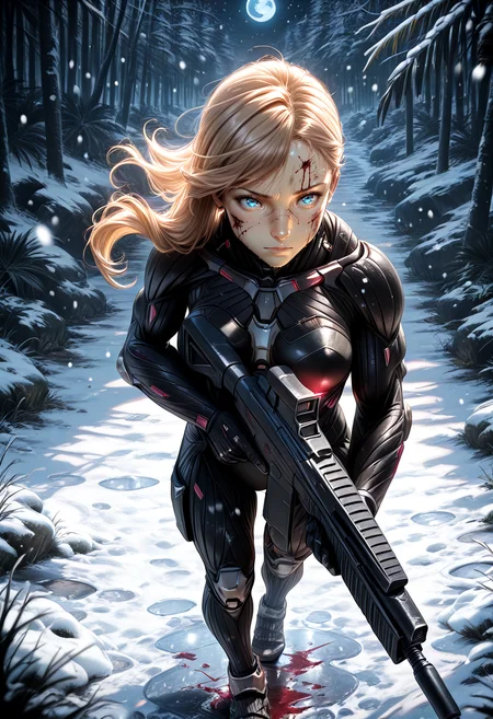 masterpiece, best quality, anime,  BREAK 1girl, solo,from above,full body,  glowing, walking,  solo, sliding,motion lines,motion blur,  taking cover, holding weapon, puddle,  (assault rifle:1.6), night,moon,aiming,jungle,frozen jungle,overgrown, snow,(snowing:1.6),  <lora:RealisticAnimeIXL:0.5> bokeh, luminescent background, <lora:Dramatic Lighting Slider:4>   floating hair, blood on face, injury, deep wound, <lora:edgNanosuitILS:1> edgNanosuit, power armor, wearing edgNanosuit_bodysuit, science fiction,,monochrome, blurry background,  <lora:Tyber_Hood_AL:1> hair over shoulder, long hair, blue eyes, blonde hair, swept bangs,
