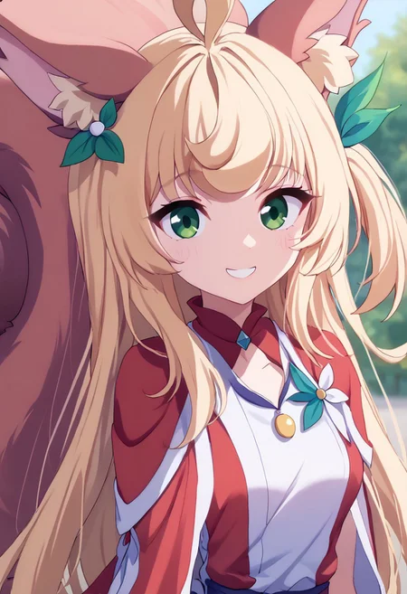 score_9, score_8_up, score_7_up, original aya, aya, 1girl, long_hair, animal_ears, blonde_hair, dress, fox_ears, bangs, green_eyes, original_dress, tail,  squirrel tail, smile