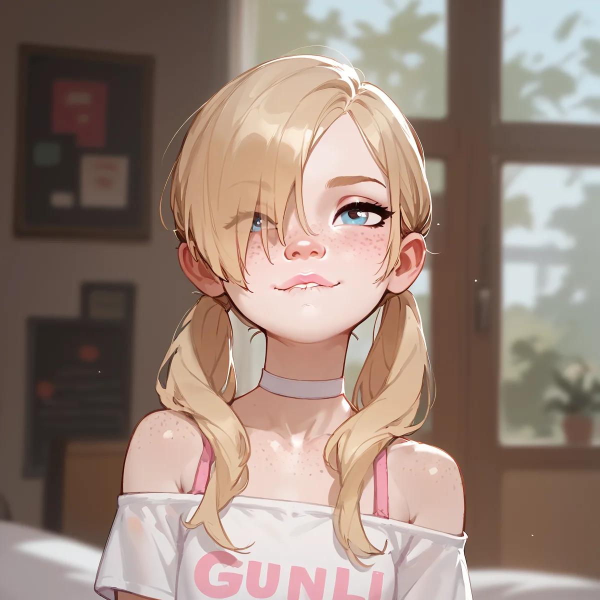 score_9,score_8_up,score_7_up,score_6_up,score_5_up,score_4_up,
1girl, pretty girl, blonde hair, in twintails, hair over 1 eye, cute nose. biting lip, seductive, white choker, pink lips, freckles,
<lora:Lilandava_PDXL:0.9>
<lora:Smooth Anime 2 Style SDXL_LoRA_Pony Diffusion V6 XL:0.5>
<lora:age_slider_v4:-2>