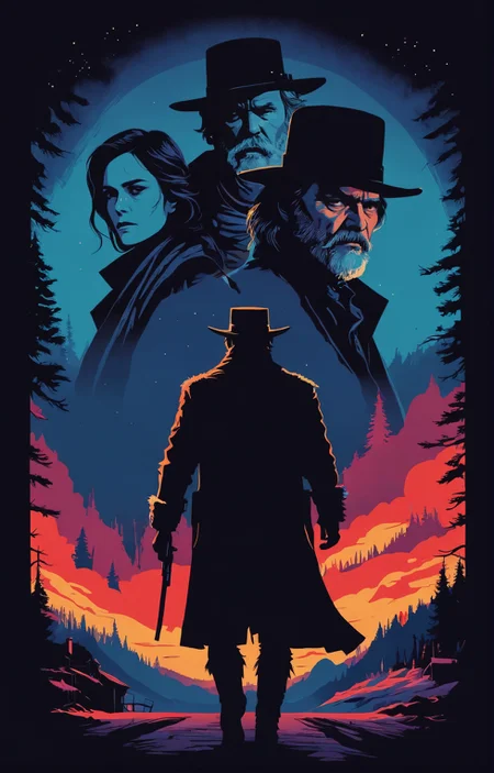 Simple Vector Art of (The Hateful Eight film style), Coquette Academia aesthetics, vivid colors, stunning background. dark and moody, a mesmerizing blend of light and shadow. masterpiece, absurdres, intricate details <lora:The Hateful Eight film style:0.46>, 2D flat, simple shapes, minimalistic, professional graphic, flat color, high contrast, Simple Vector Art