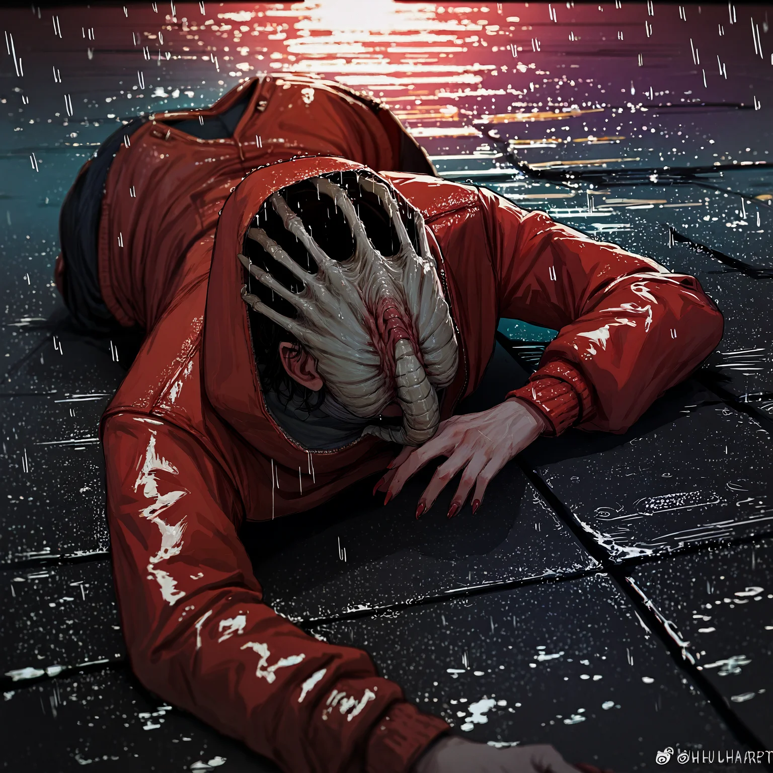 score_9, score_8_up, score_7_up, score_6_up, score_5_up, score_4_up, source_cartoon, BREAK, a woman in a red jacket lying face up on the ground with a fchgr covering her head, neck wrap, fchgr, monster, alleyway, night time, neon light, puddles, rain,