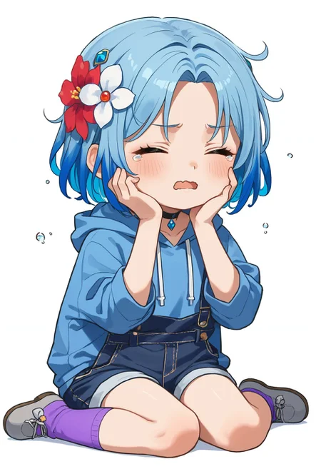 score_9,score_8_up,score_7_up, <lora:xinzoruo_style_pdxl_goofy:1>1girl, arm cutout, black choker, black outline, blue gemstone, blue hair, blue hoodie, bow, bow choker, chibi, chibi only, choker, clenched hand, closed eyes, crying, drawstring, flower, full body, furrowed brow, gem, gradient hair, grey footwear, grey overalls, hair flower, hair intakes, hair ornament, hand on own face, hood, hood down, hoodie, light blush, multicolored hair, open mouth, outline, overall shorts, overalls, parted bangs, purple socks, short hair, simple background, sitting, socks, solo, thick eyelashes, tied drawstring, virtual youtuber, wariza, water drop hair ornament, wavy mouth, white background, white bow, white flower