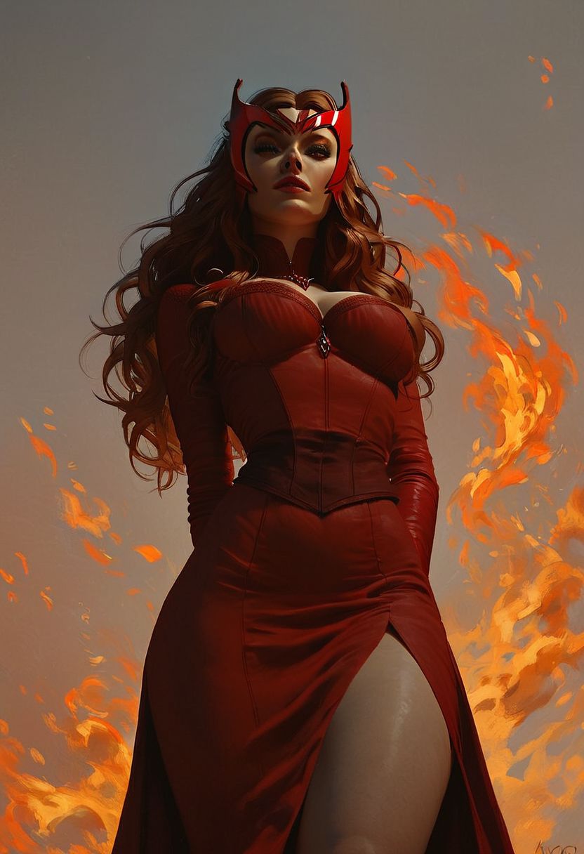 score_9, score_8_up, score_7_up, score_6_up, score_5_up, score_4_up, girl, beautiful face, scarlet witch, narrow hips, skinny, sexy adult, posing, halfbody portrait, from below, fire
