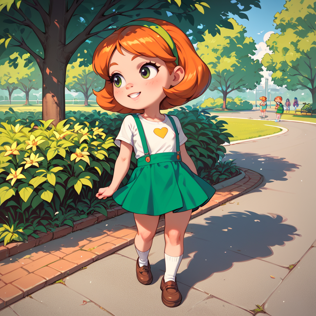 score_9, score_8_up, score_7_up, score_6_up, outdoors, park,  <lora:Little_Suzy_Johnny_Bravo:.7> suzy, 1girl, child, short stack, flat chest, , orange hair, suspenders, skirt, hairband, short hair, socks, shirt, green skirt