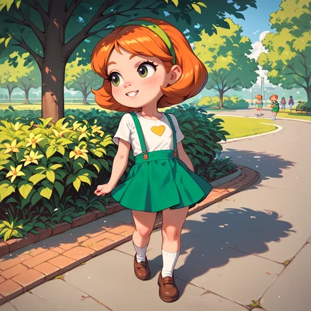 score_9, score_8_up, score_7_up, score_6_up, outdoors, park, <lora:Little_Suzy_Johnny_Bravo:.7> suzy, 1girl, child, short stack, flat chest, , orange hair, suspenders, skirt, hairband, short hair, socks, shirt, green skirt