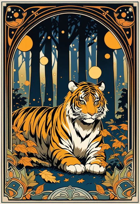 1920's art nouveau poster style image, featuring a majestic tiger with an iridescent outline in a vibrant autumn forest in India— red, yellow and orange leaves fall from the branches and cover the ground, a theme with a feeling of orientalism. the picture is of the night time with firefly glow. stark contrast between the warm colors of the tiger and leaves, and the cool colors of the trees and forest background, with perfect shading. The majority of the lighting is from the fireflies, muted colors, cell shading