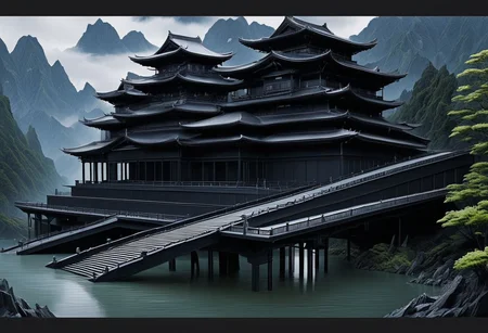 (anime), no human, city ruin, black snake, (masterpiece), score_9