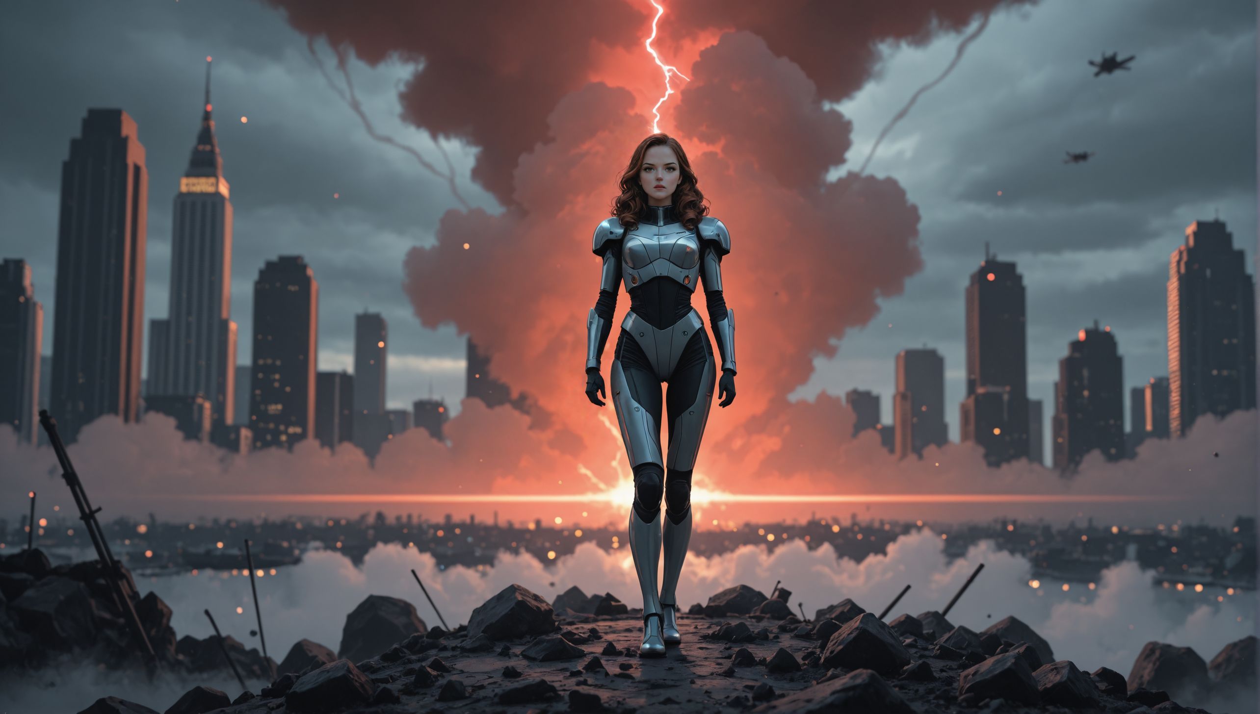 Felina_Flonia, (blurred background), 8k, best quality, depth of field, dynamic lighting, high detail, masterpiece, photorealistic, realistic, ultra-HD, very aesthetic, (fashion photoshoot:1.1), 1girl, Dynamic pose, Heroic female rebel, standing atop a crumbling skyscraper in a dystopian cityscape, dark red skies with ash falling, futuristic retro armor, (alien occupation ships hovering in the distance:1.2), mid-century sci-fi dystopian aesthetic, (smoke swirling around:1.03), gritty textures, intense lighting from distant fires, deep shadows highlighting her determined expression, style of pulp magazine art, cinematic wide shot, storm clouds gathering, film grain, bold color accents in an otherwise muted scene., dramatic pose, full length cinematic photo, (24 years old feminine seductress, young european woman:1.142), (Oval-shaped face, intense stare, thin brows:1.23), (contrapposto)