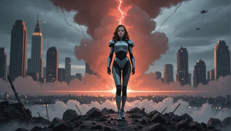 Felina_Flonia, (blurred background), 8k, best quality, depth of field, dynamic lighting, high detail, masterpiece, photorealistic, realistic, ultra-HD, very aesthetic, (fashion photoshoot:1.1), 1girl, Dynamic pose, Heroic female rebel, standing atop a crumbling skyscraper in a dystopian cityscape, dark red skies with ash falling, futuristic retro armor, (alien occupation ships hovering in the distance:1.2), mid-century sci-fi dystopian aesthetic, (smoke swirling around:1.03), gritty textures, intense lighting from distant fires, deep shadows highlighting her determined expression, style of pulp magazine art, cinematic wide shot, storm clouds gathering, film grain, bold color accents in an otherwise muted scene., dramatic pose, full length cinematic photo, (24 years old feminine seductress, young european woman:1.142), (Oval-shaped face, intense stare, thin brows:1.23), (contrapposto)