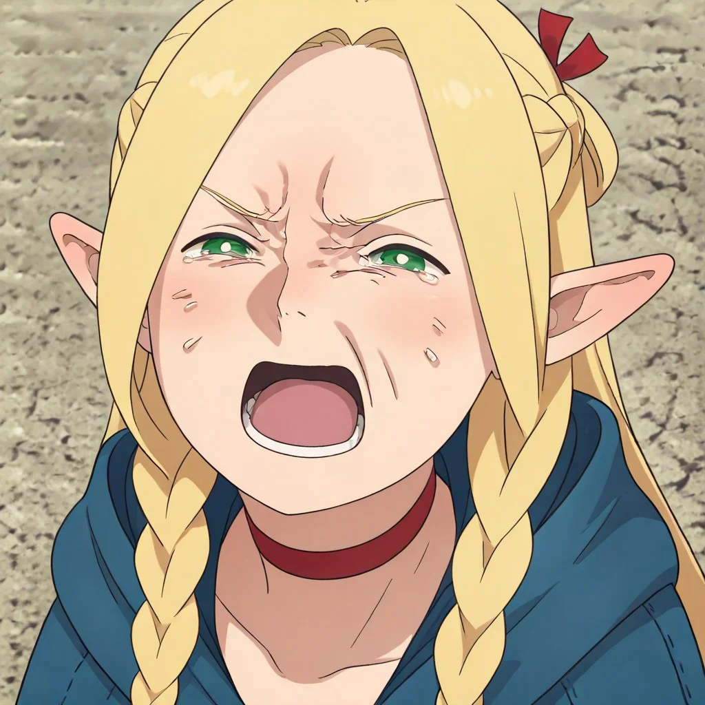 masterpiece, best quality, newest, absurdres, highres, anime, anime style,
BCV1.0, crying, cry, crying with yes open, open mouth, parody, meme, 1girl, marcille_donato, \(dungeon meshi\), choker, braid, blue dress, blonde hair, red choker,